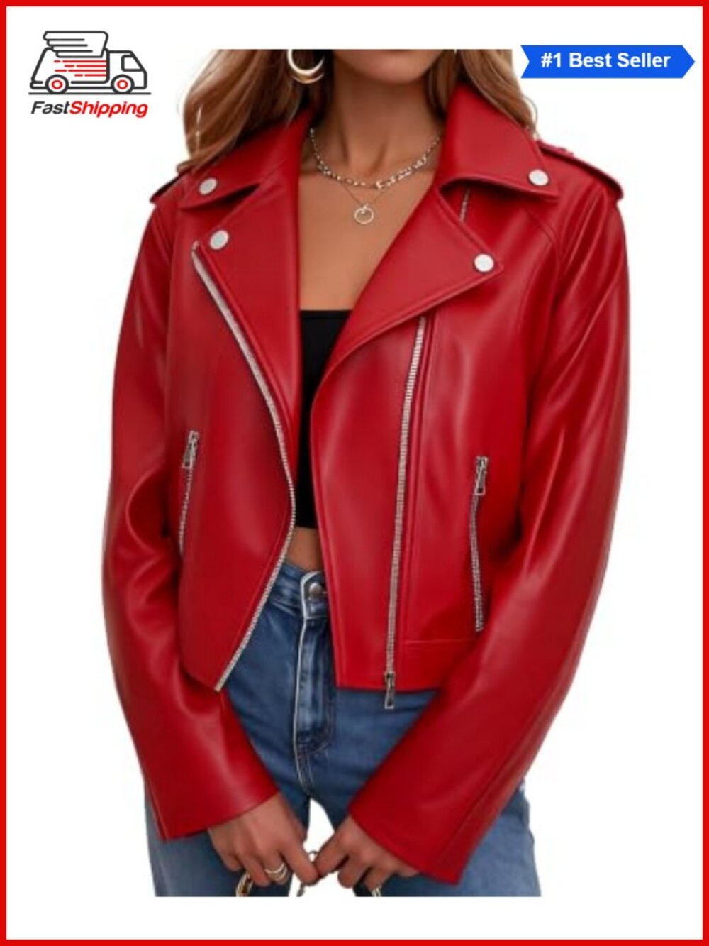 ✨ Cropped Faux Leather Moto Biker Jacket Zip Up Streetwear